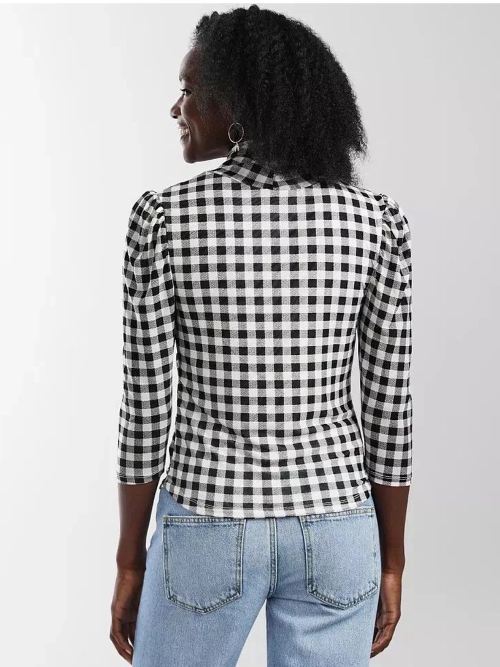 Free People Gather Turtleneck Top Gingham Puff Sleeve Black White NWT S - Picture 2 of 7